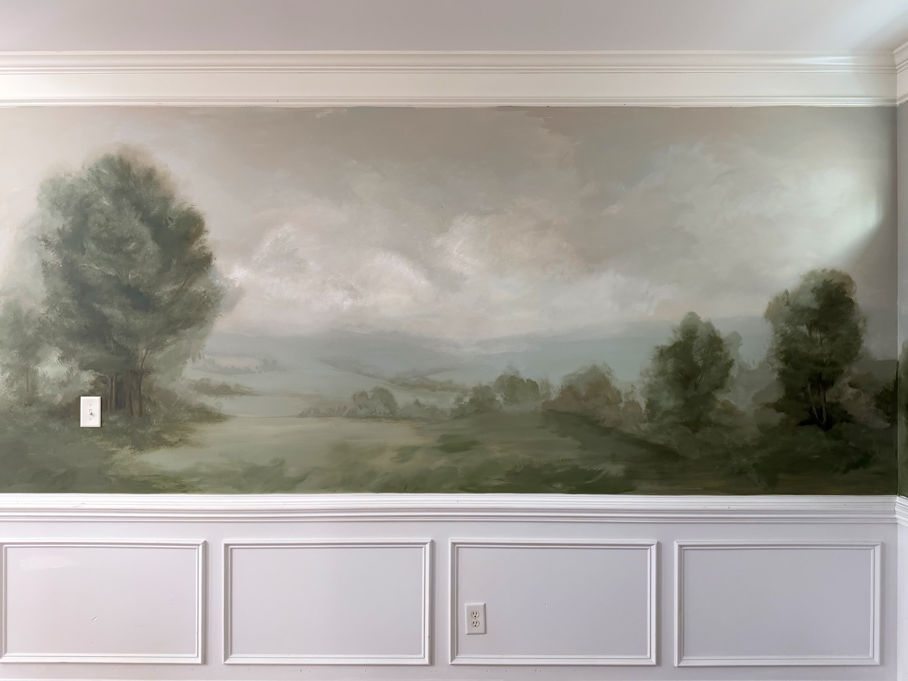 Hand-painted landscape mural — full room view