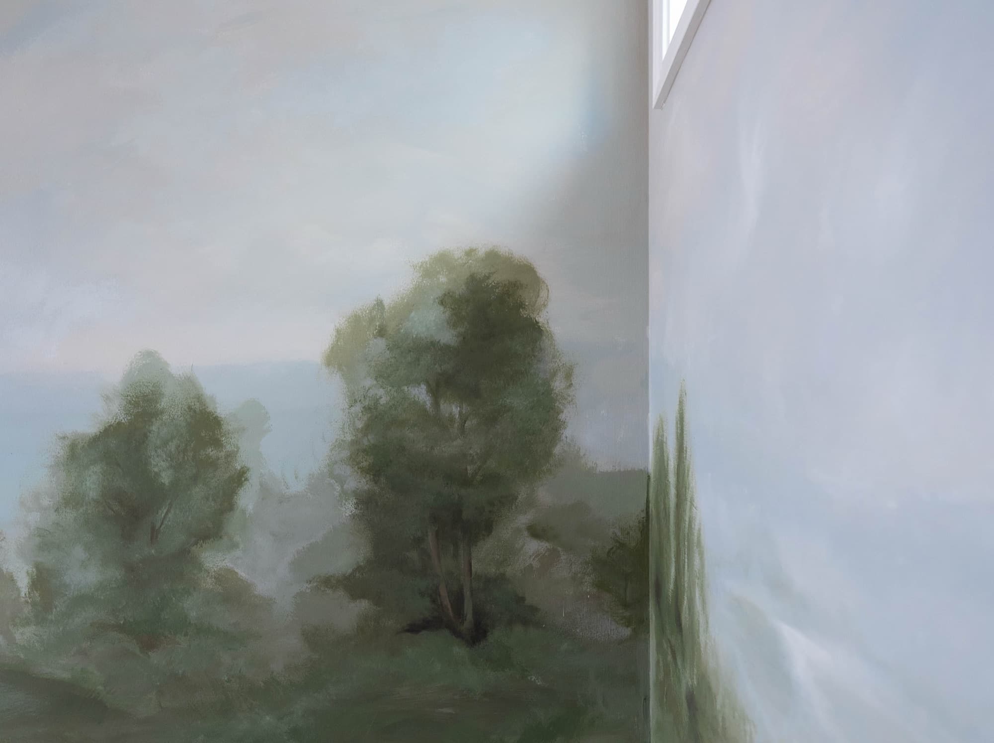 Soft sage landscape mural, close detail.
