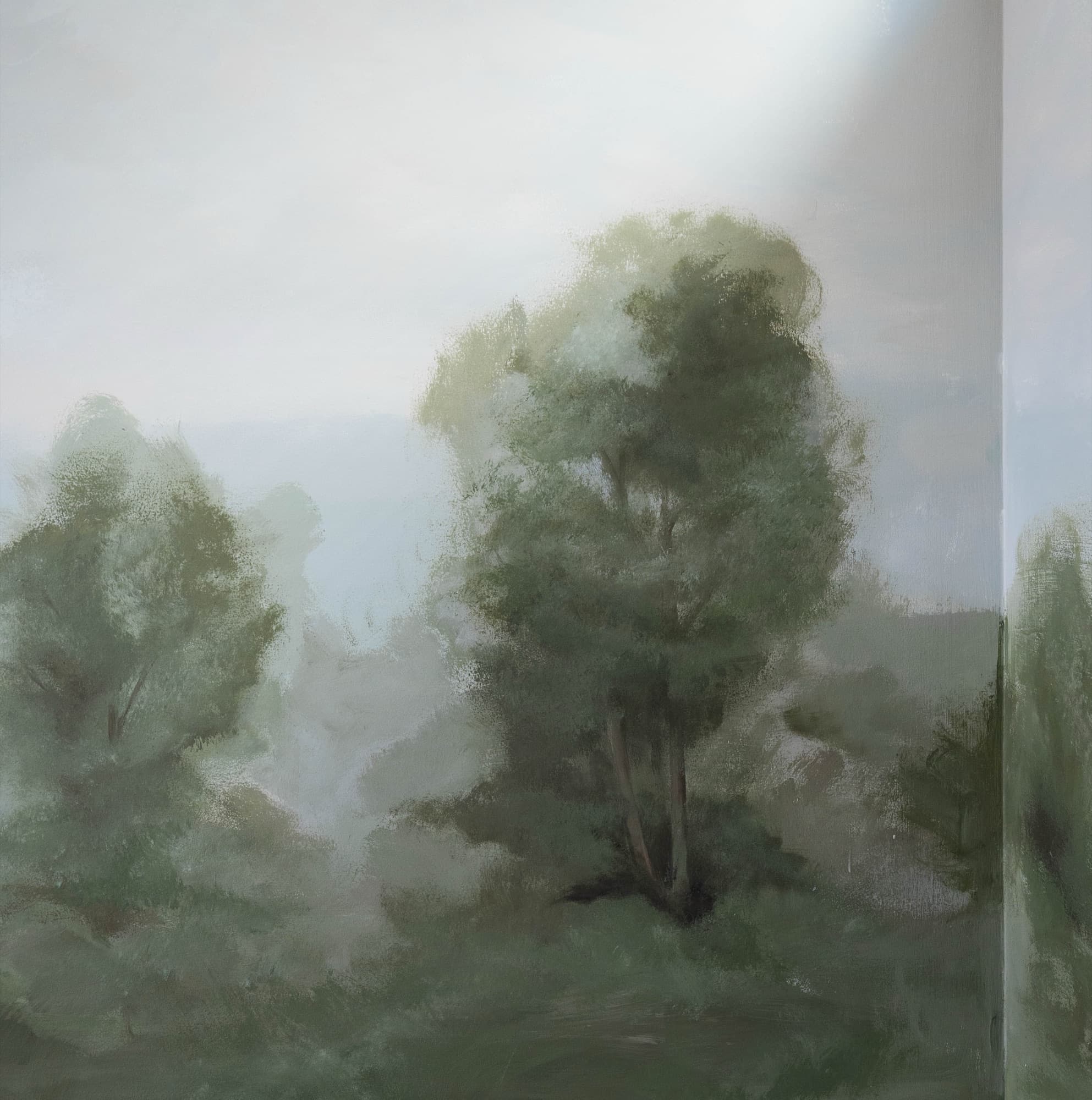 Sage landscape mural with soft tree canopy.