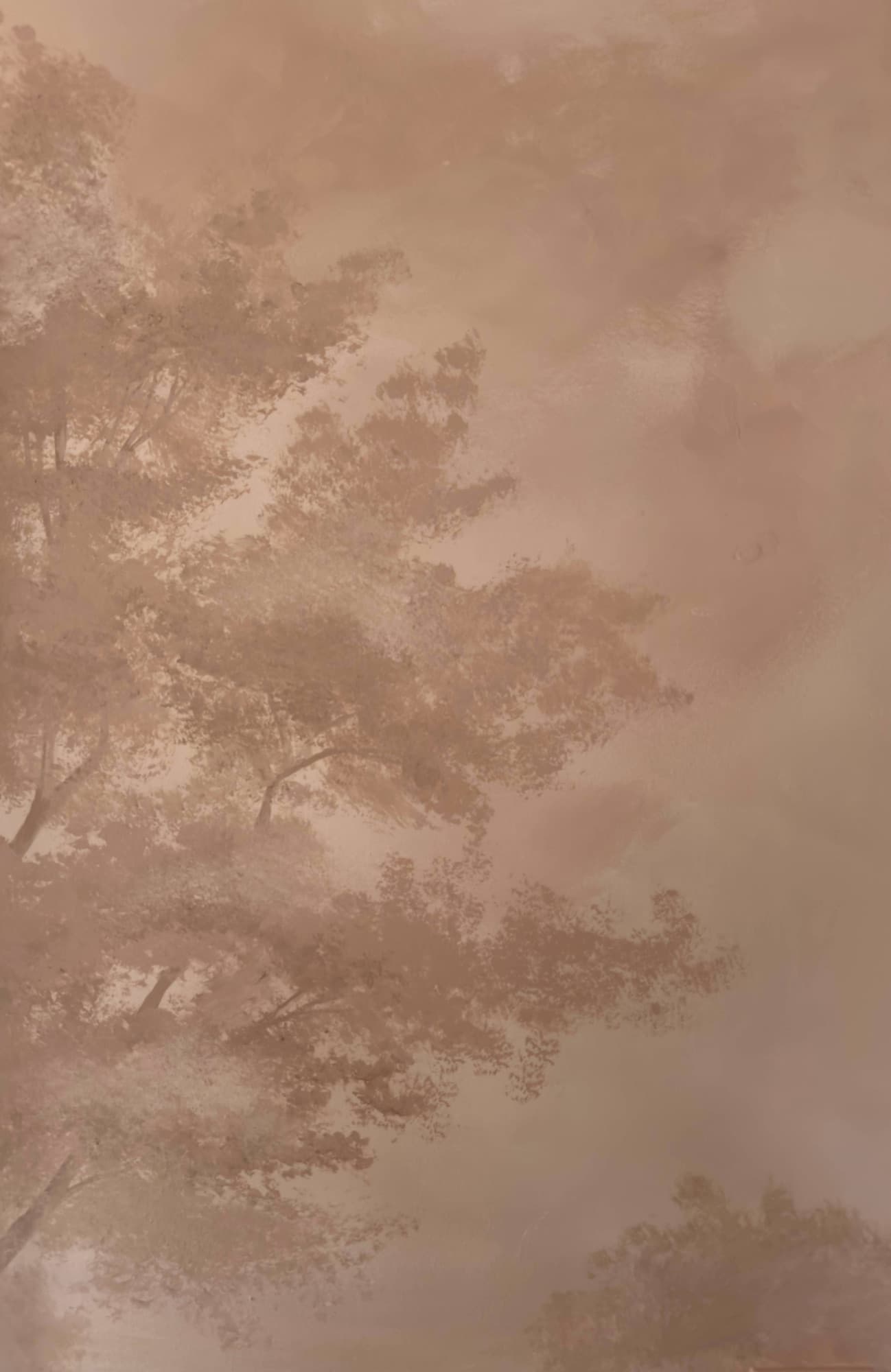 Tall section of a hand-painted sepia landscape mural.