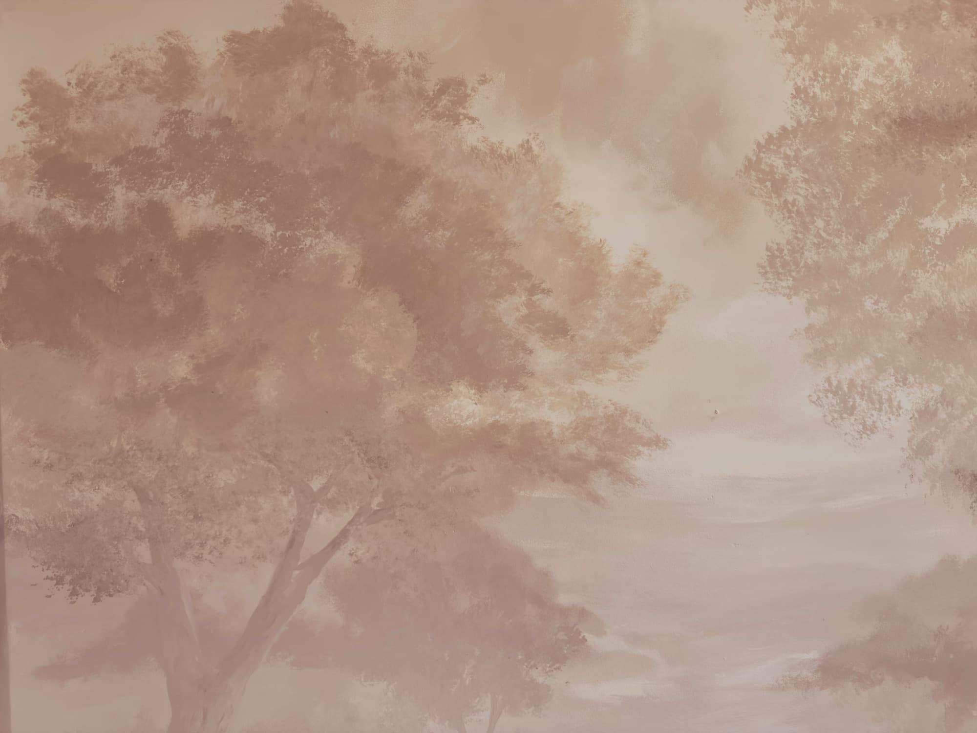 Sepia landscape mural with a painted tree, seen wide.